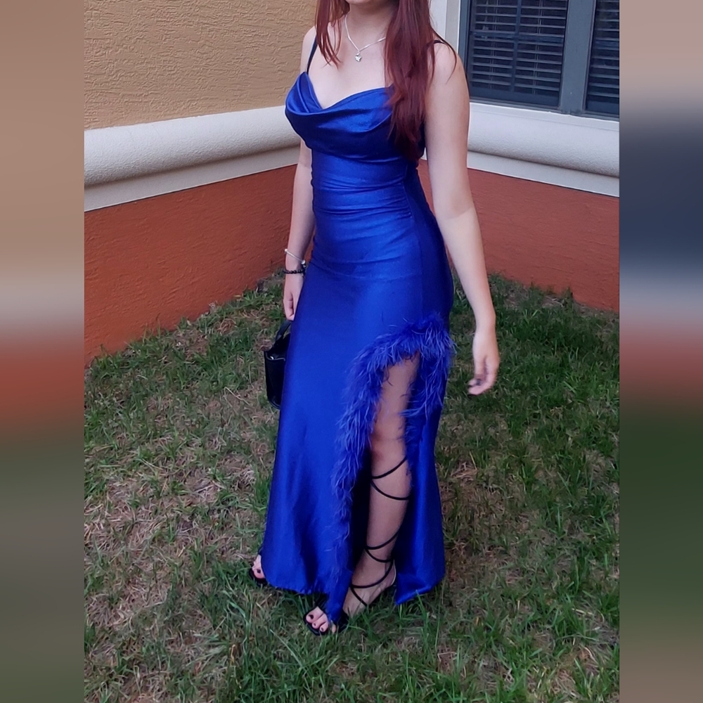 Honey and Rosie Royal Blue Prom Dress with Feather Detail